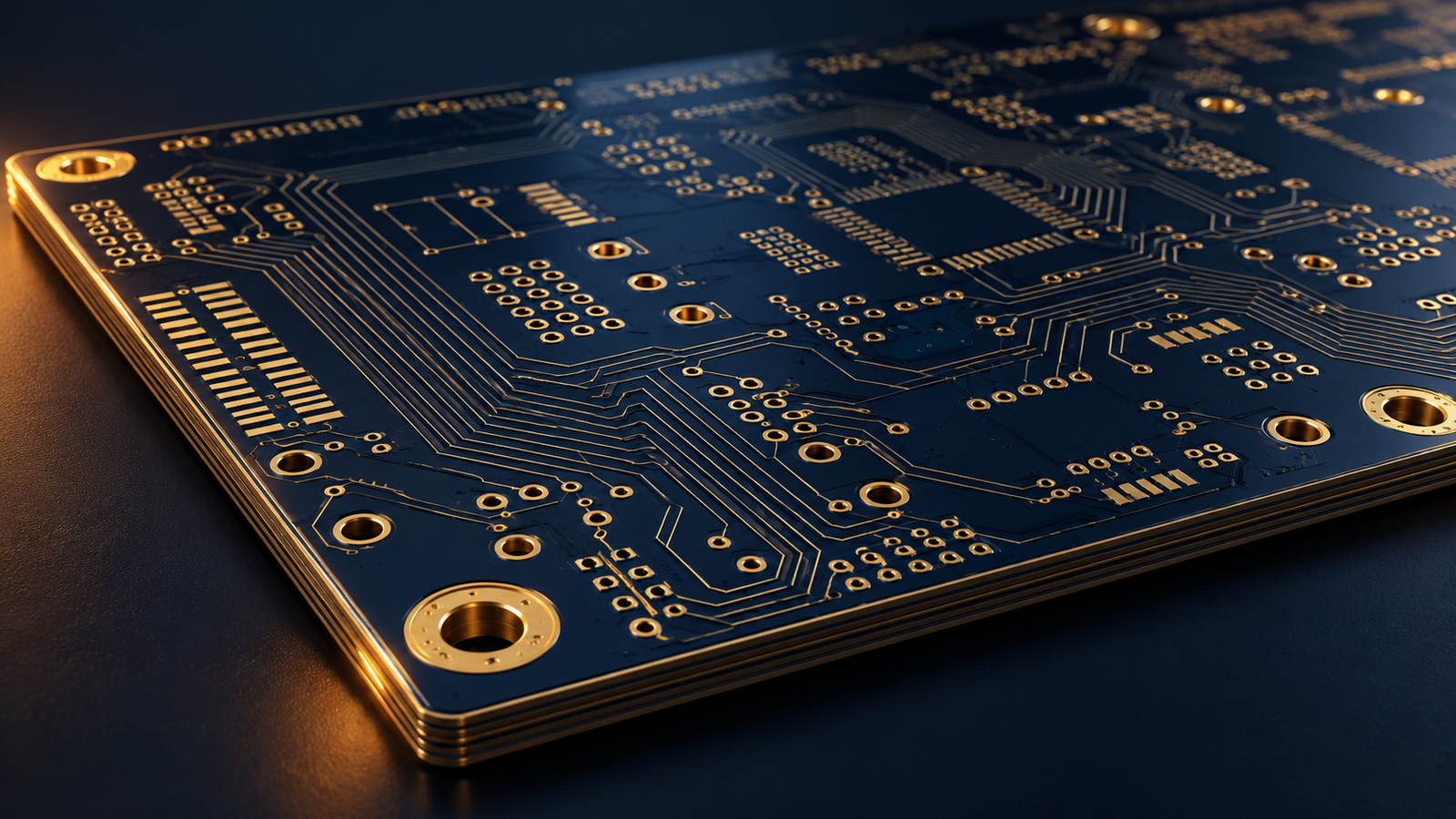 Concept render of a navy multilayer PCB with gold pads and copper traces